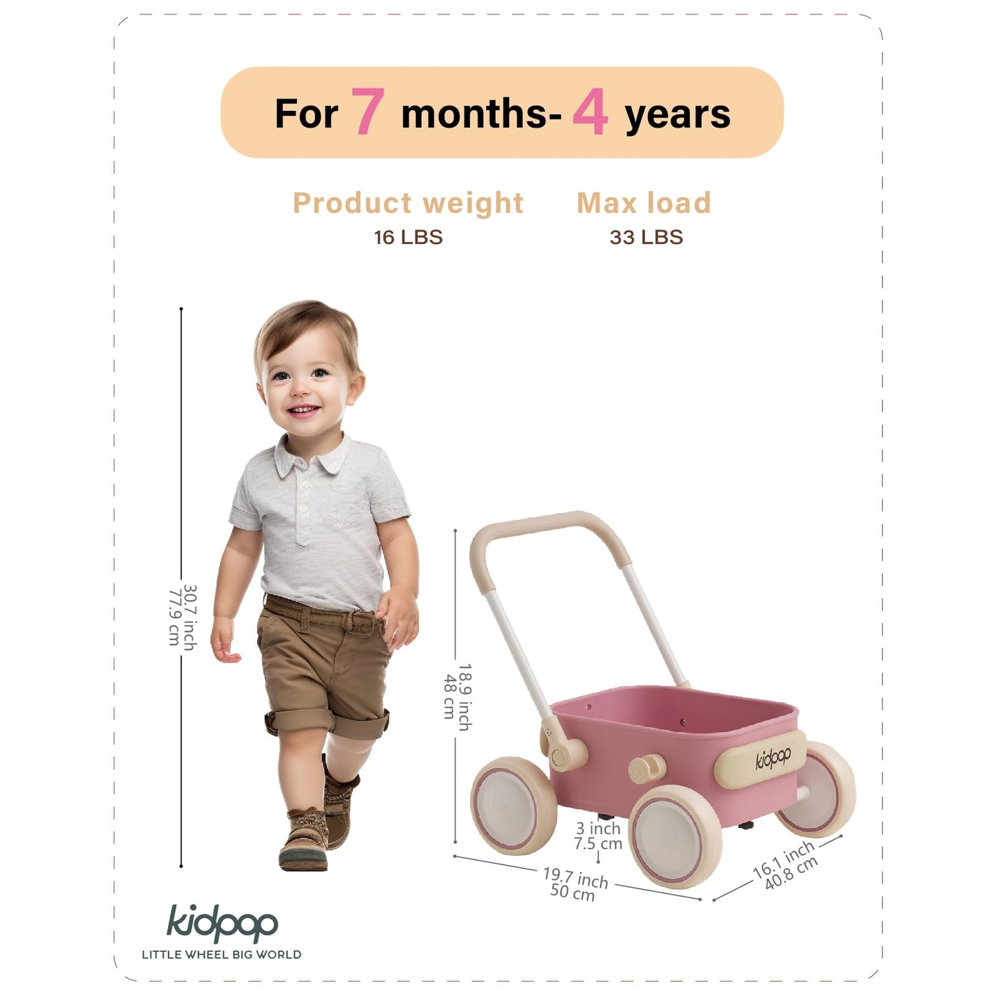 PULA Baby Push Walker with Wheels Toddler Wagon for First Learner Baby Toys 6-12 Months, 1 Year Old Birthday Gifts, Indoors and Outdoors (Pink)