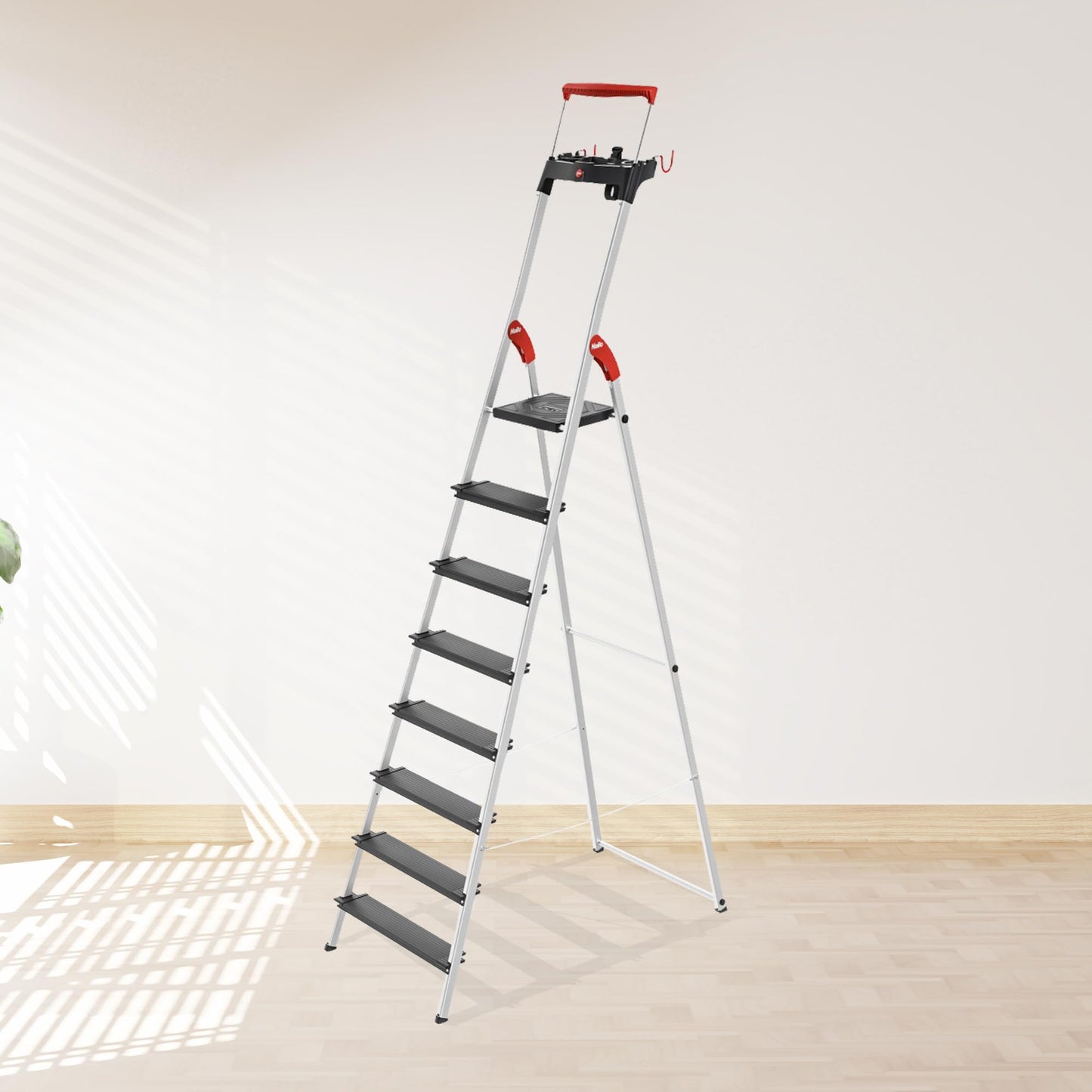 HAILO L100 Topline 8-Step Ladder – Aluminum Stepladder with Safety Bar, Tray, Locking Platform, XXL Non-Slip Steps, Hook, Strap, 330 lb Capacity, Max Working Height 146.5", EasyClix Compatible