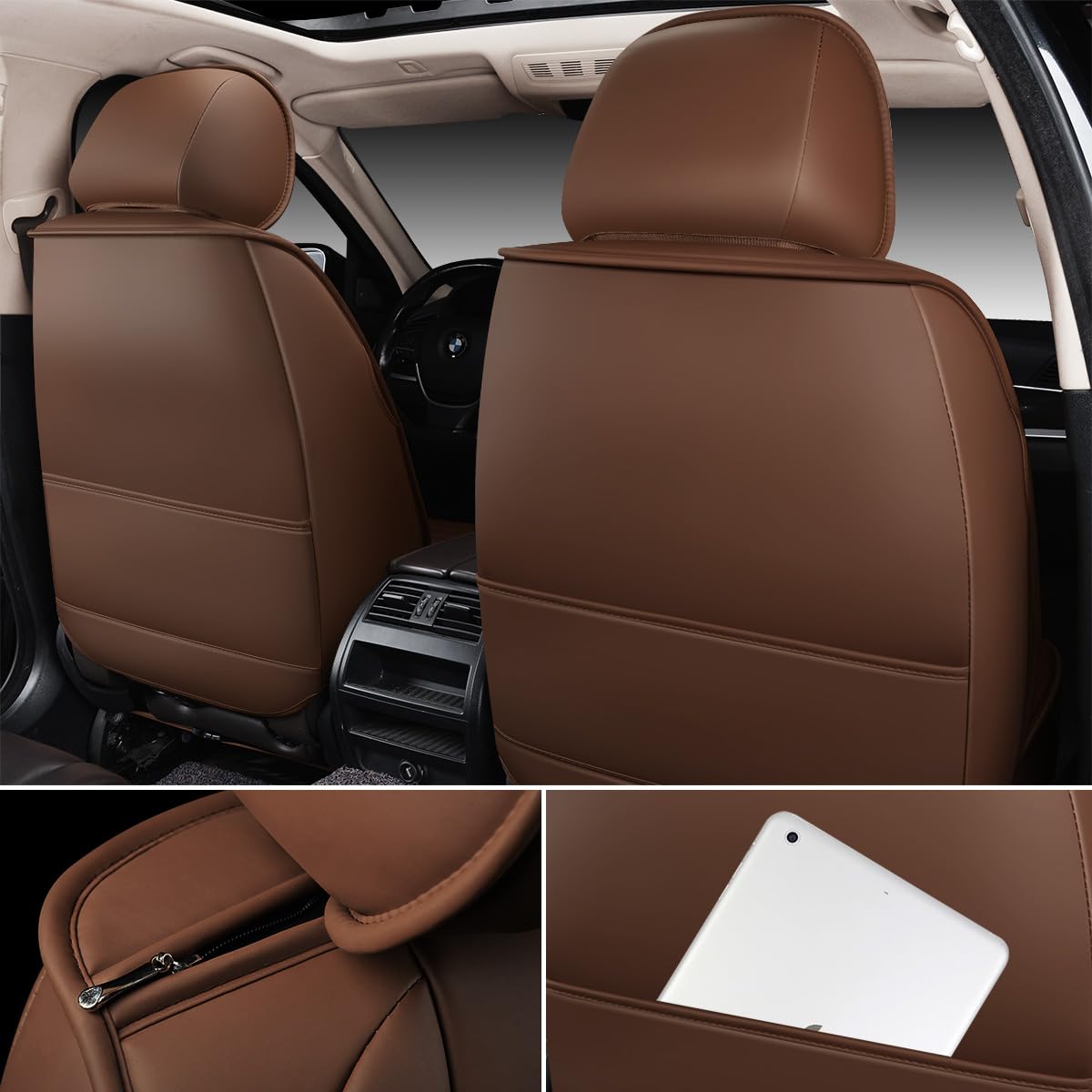 OASIS AUTO Car Seat Covers Premium Waterproof Faux Leather Cushion Universal Accessories Fit SUV Truck Sedan Automotive Vehicle Auto Interior Protector Full Set (Coffee)