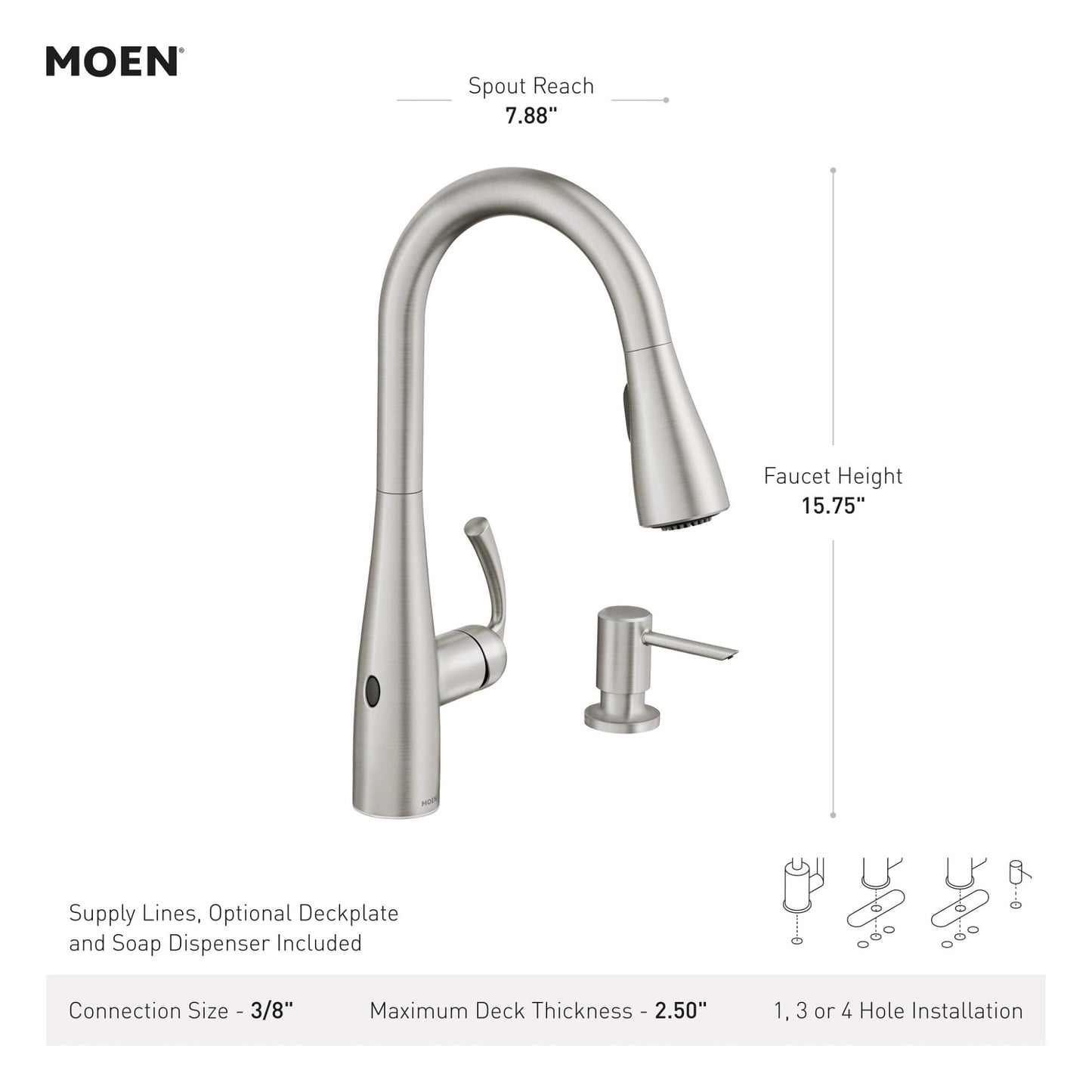 Moen Essie Spot Resist Stainless MotionSense Wave One-Handle Touchless Kitchen Faucet with Pulldown Sprayer and Soap Dispenser, 87014EWSRS