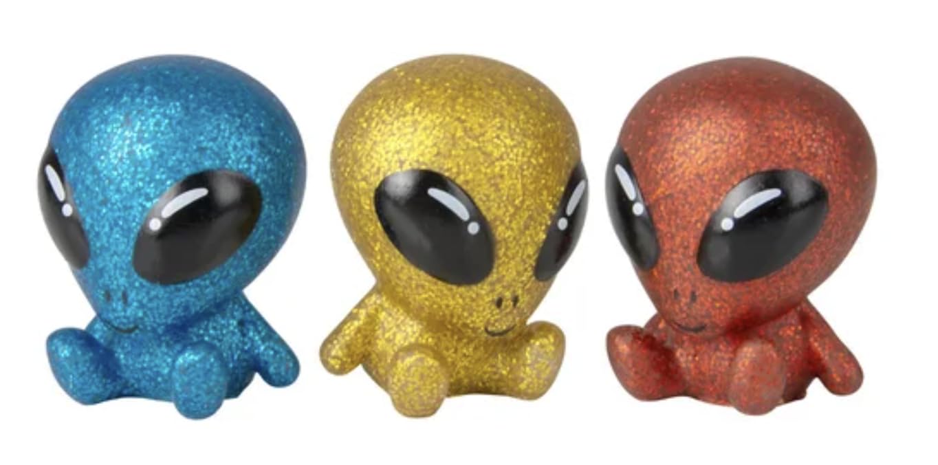 Rubber Glitter Galactic Alien Toys - Stress Relief, Fidget, Party Favors, Reward Chest, Treasure Chest, Goodie Bags, Bath Toys - Outer Space, UFO, Aliens, Galaxy - 10 Piece