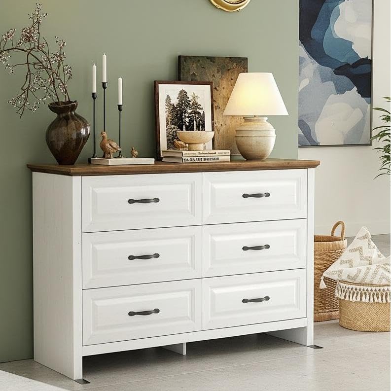 Marsail Farmhouse 6 Drawer Dresser, Wood Chest of Drawers with Natural Texture, Smooth Gliding Drawers, Versatile Storage Organizer Cabinet for Bedroom & Living Room, White and Brown