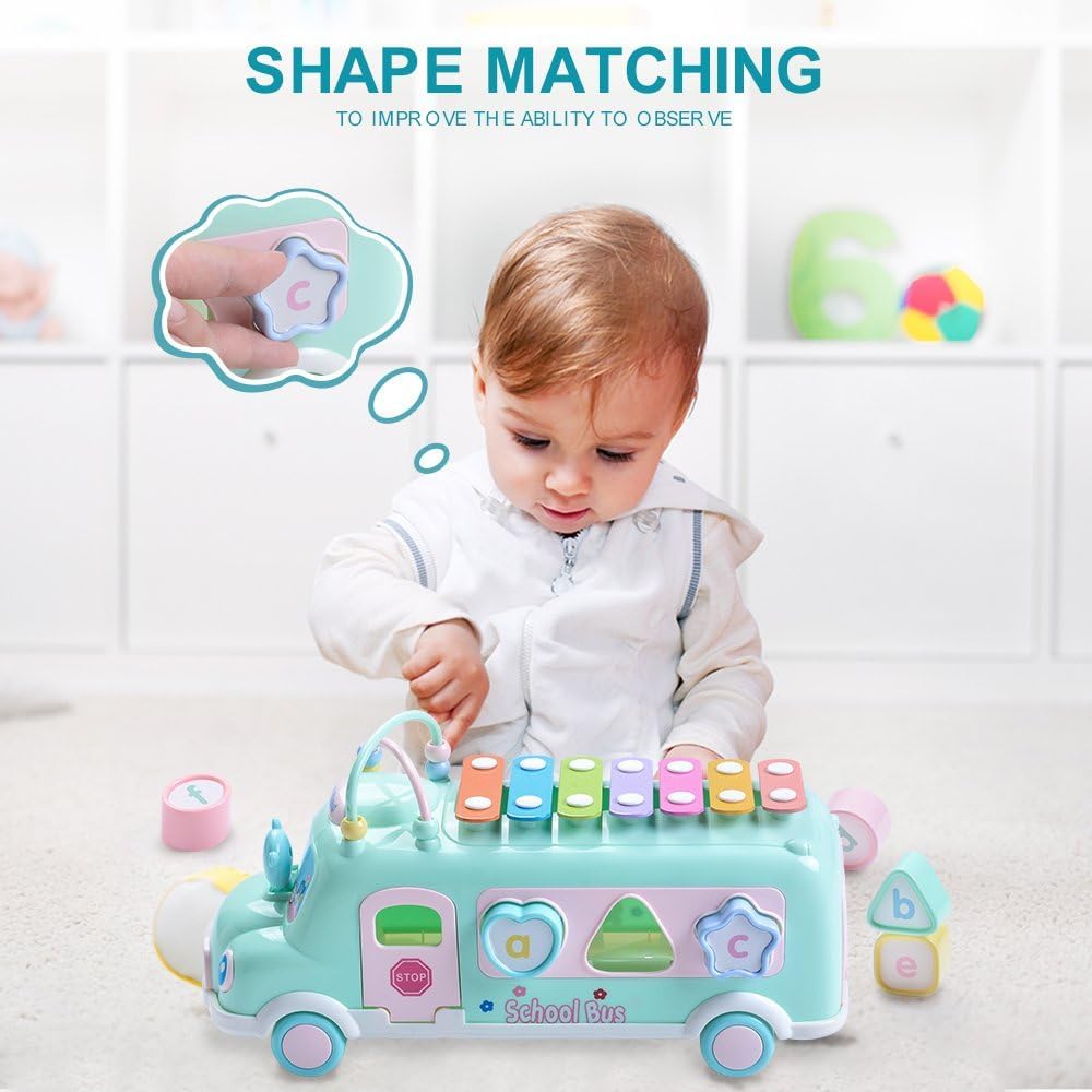 5-in-1 Baby School Bus Xylophone Toys for 1 Year Old Girl Gifts, Educational Baby Toy 6-12-18 Month, 1st Birthday Gril Gift, Toddlers Montessori Musical Baby Bus with Shape Sorter & Knock Hammer
