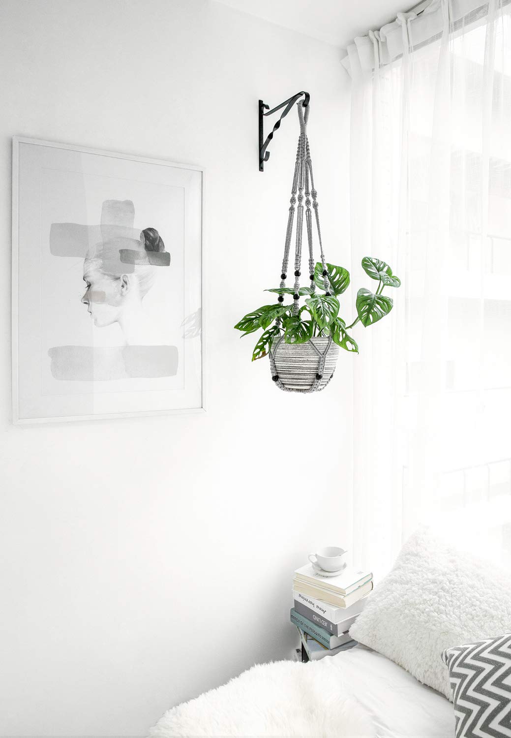 Mkono 3 Pack Macrame Plant Hangers Indoor Different Size Hanging Planter Basket Flower Pot Holder with Beads No Tassels 35"/29"/23", Medium, Grey