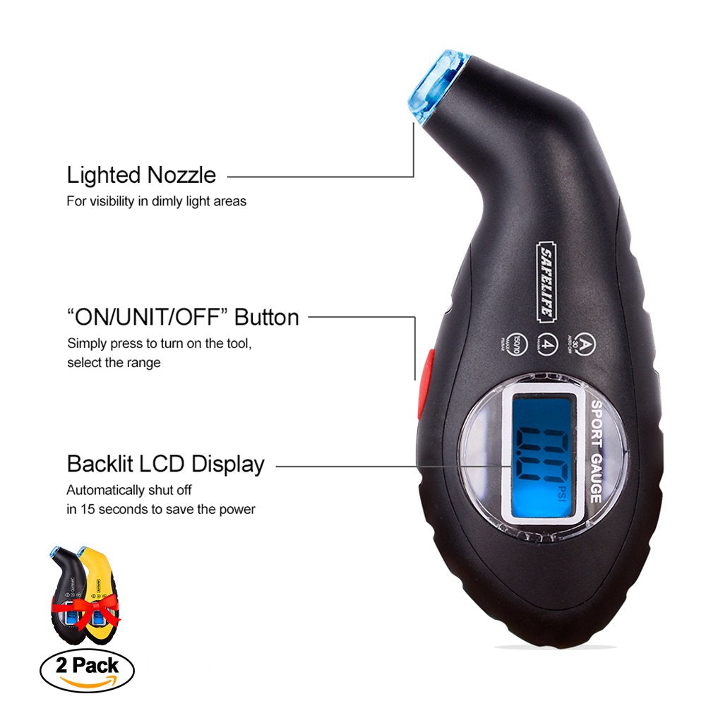 SAFELIFE Digital Tire Pressure Gauge 150 PSI 4 Settings with Backlit LCD and Non-Slip Grip (2package)