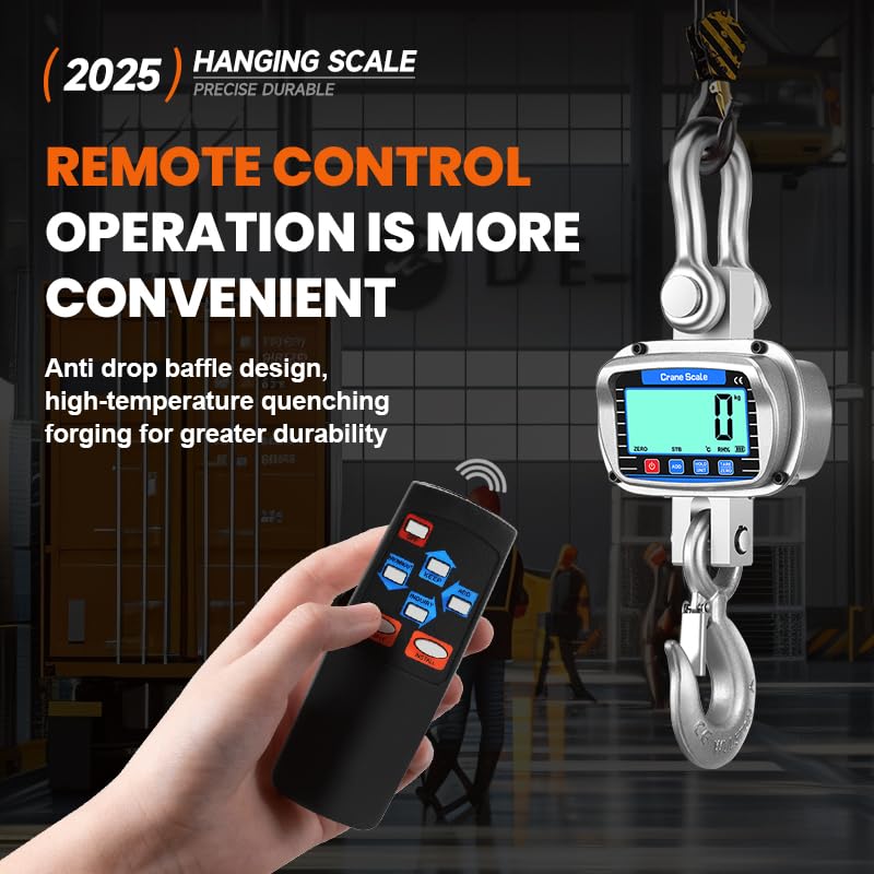 Digital Crane Scale 6600 lbs/3000kg/3T Measurable Temperature and Humidity Industrial Heavy Duty Hanging Scale with Remote Control LCD Screen for Construction, Factory, Farm(Silver)