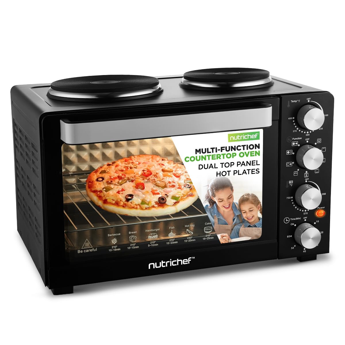 NutriChef 30 Quart Kitchen Convection Oven & 2 Burner Cooker - 1500 Watt Oven - 7 Cook Functions Rotisserie, Cook, Bake, Broil & More - Includes Baking Tray, Skewers & Handles - 19.6 x 16.0 x 13.5 IN
