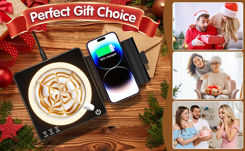 WHOLEV Coffee Mug Warmer, Smart Mug Warmer, 15W Wireless Phone Charging, 3 Heat Settings Temperature Controlled, 8H Auto Off, Candle Warmer, Safe for Heating Coffee, Beverage, Milk, Tea