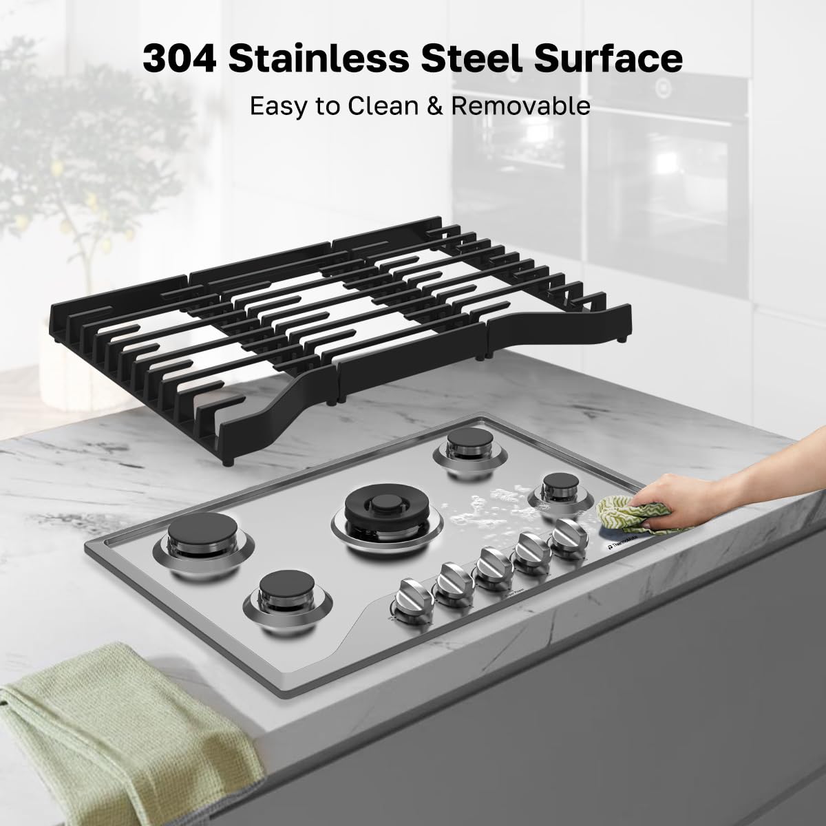 ThermoMate Heavy 30 Inch Gas Cooktop with 5 Italy Sabaf Power Burners, Built In Stove Top of 304 Stainless Steel, Gas Hob NG/LPG Convertible, Thermocouple Protection CSA Certified