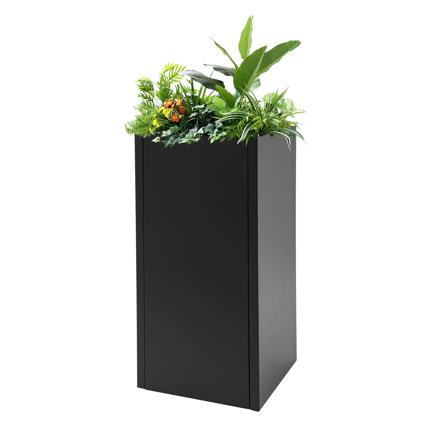 Tall Rectangular Planter for Plants, 14x14x30 Inch Large Black Metal Planter Box with Removable Shelf, Modern Indoor Outdoor Flower Pot for Patio, Porch, Garden (Black)