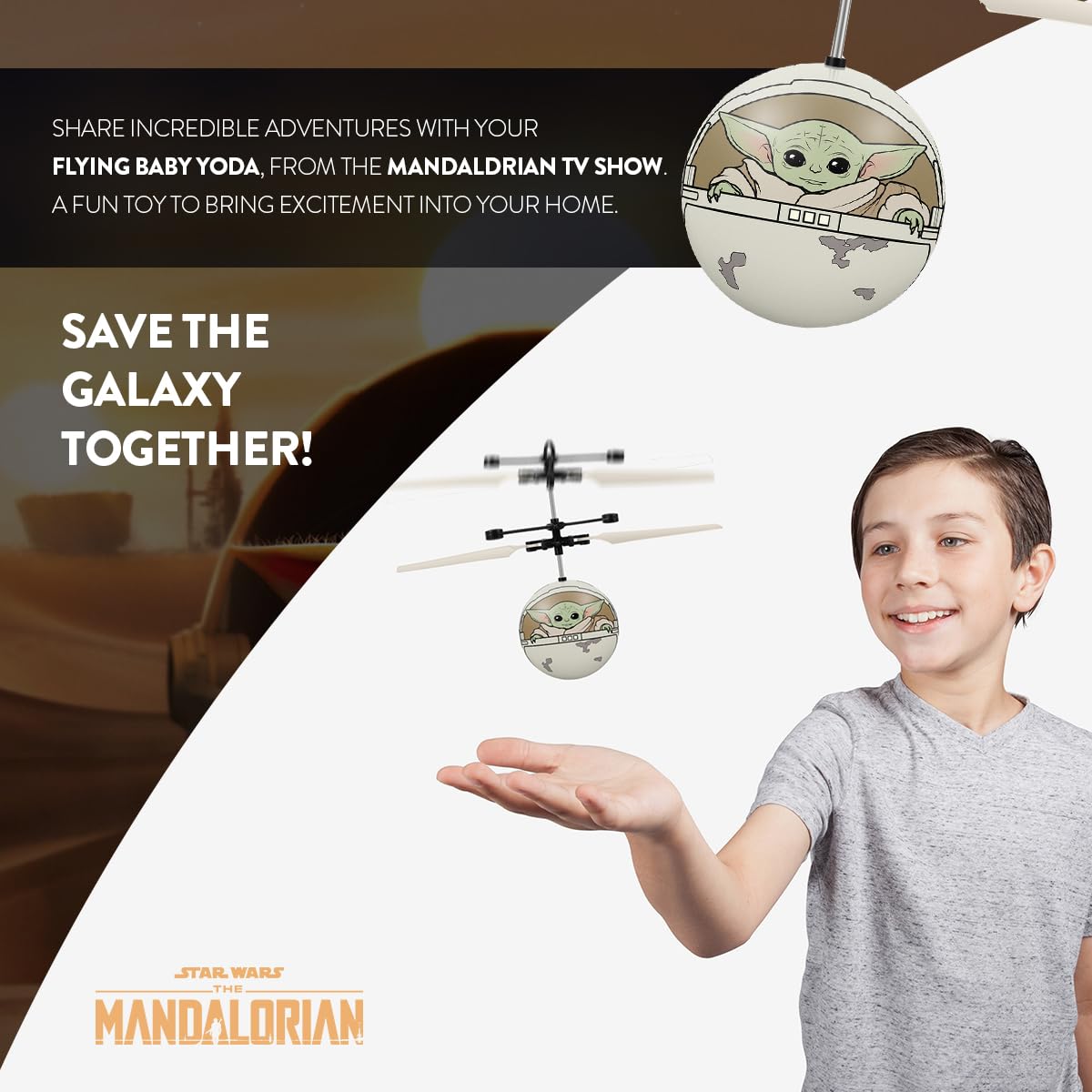 World Tech Toys Star Wars Baby Yoda Flying Toy – Motion Sensing Flying Ball with USB Charging - Star Wars Licensed - Indoor/Outdoor Drone for Kids Ages 6+