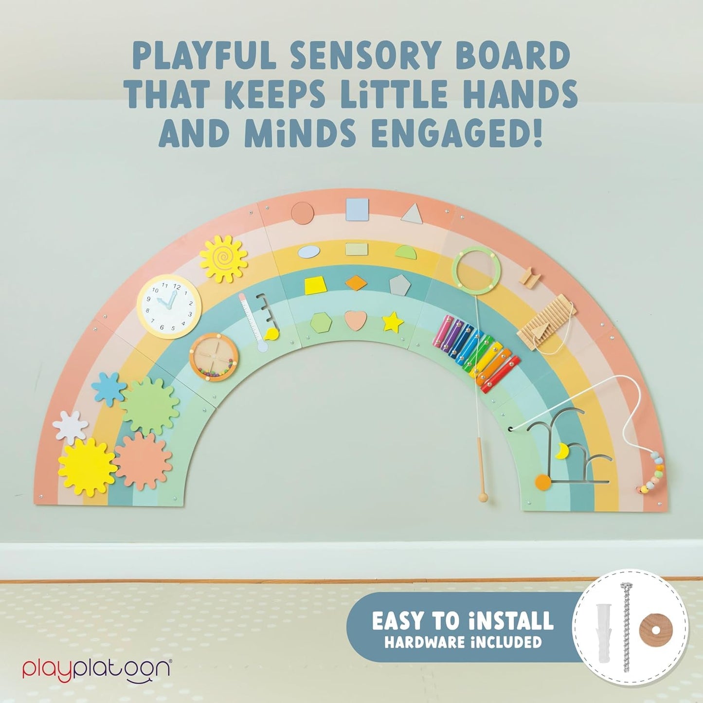Play Platoon Kids Sensory Wall Panel, Activity Wall Busy Board Toys for Toddlers 1-3, Sensory Board - 64x32 inch Neutral Wooden Rainbow with 11 Activities for Montessori Playroom