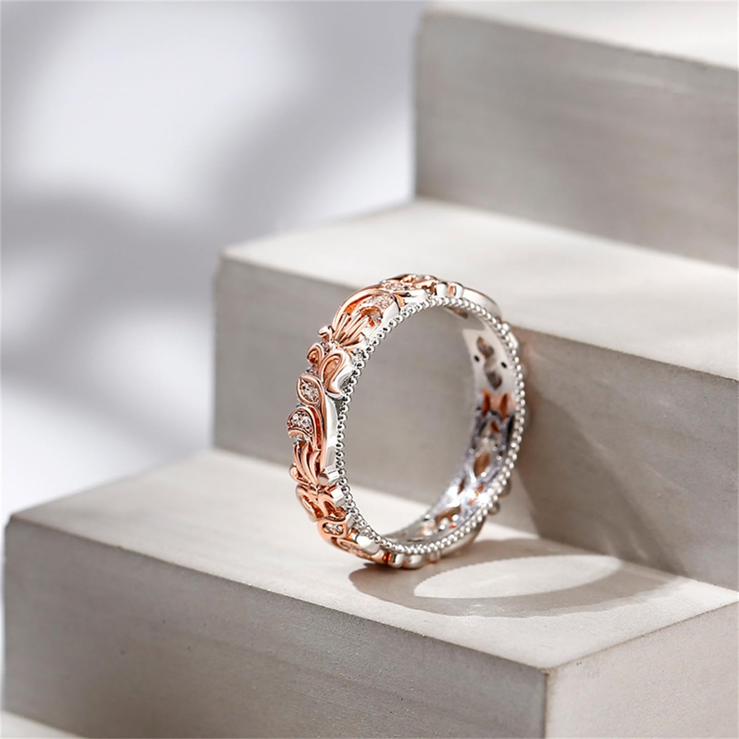 Jeulia Floral Ring Band Sterling Silver Two Tone Leaf Carved Vintage Unique Hollow Flower Rose Gold Jewelry Engagement Wedding Bridal Sets Stackable Anniversary Promise with Gift Box (Floral, 10.5)