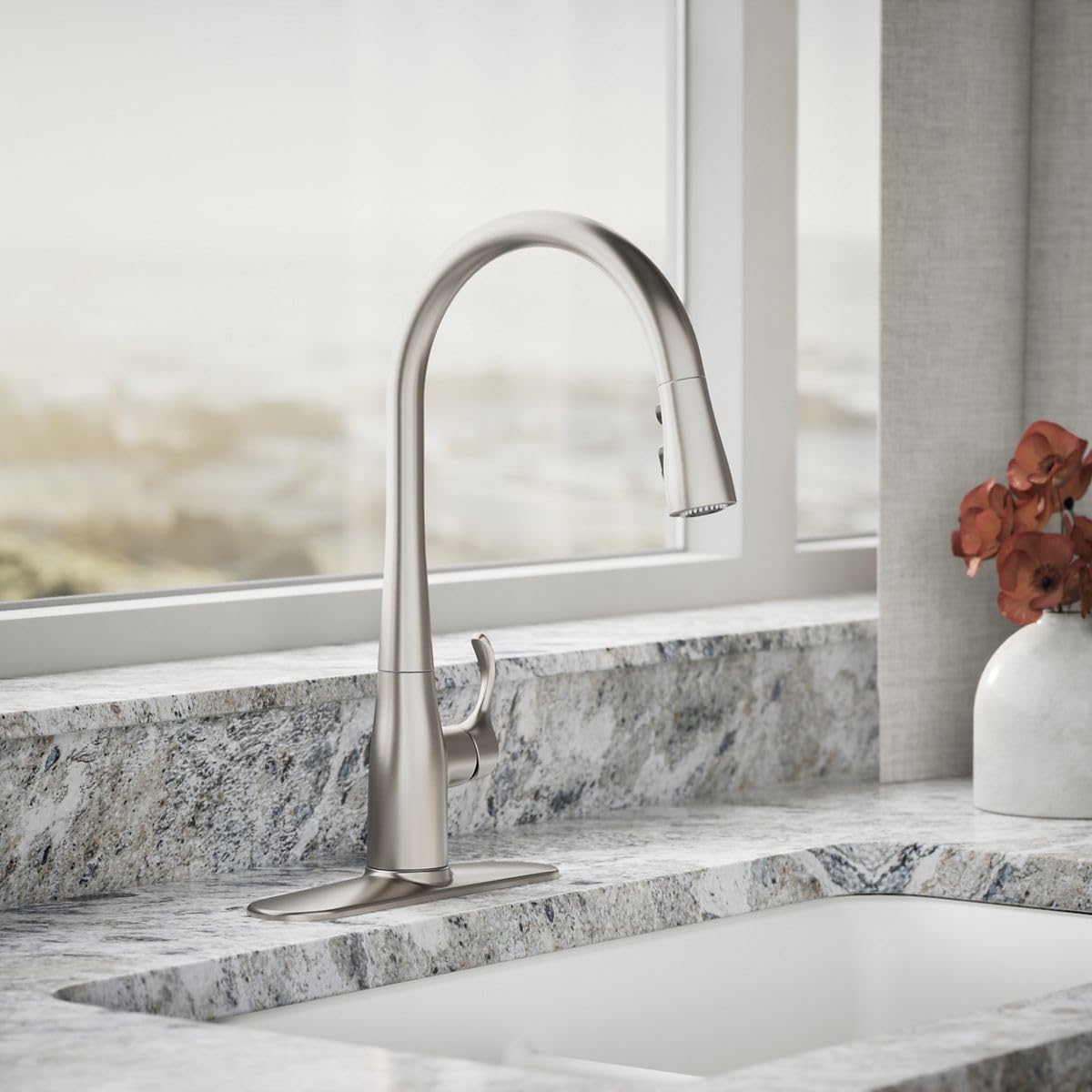 KOHLER 596-VS Simplice Kitchen Sink Faucets with Pull Down Sprayer, 3-Spray Design, Vibrant Stainless Kitchen Faucets, High Arch