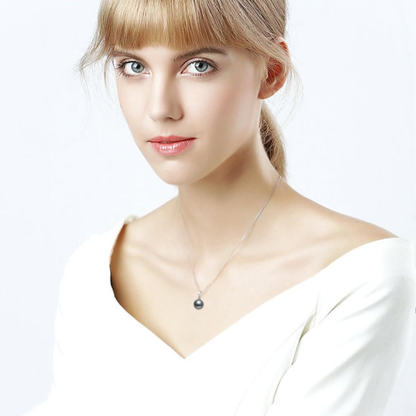 14k White Gold Simualted Black Pearl Necklace and 18k Earrings Set for Women