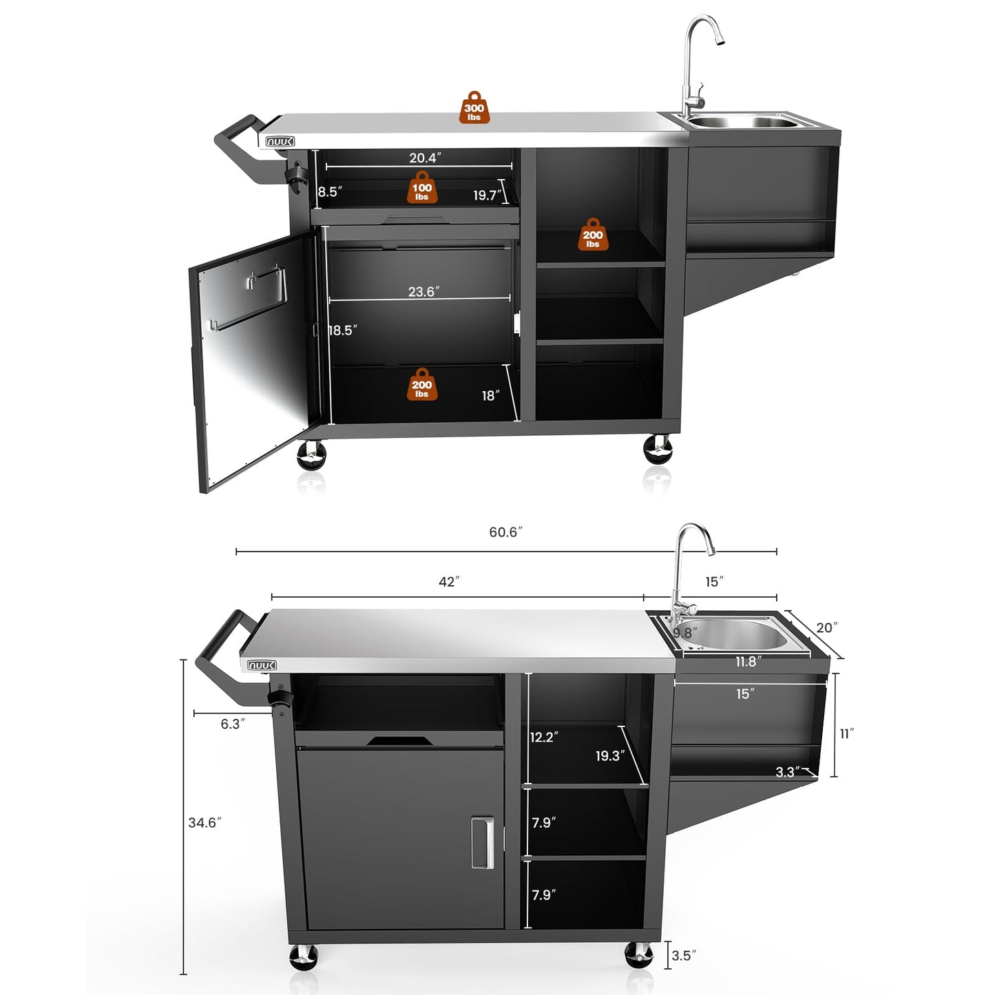 NUUK Outdoor Grill Cart on Wheel, Pizza Oven Table with Sink & Storage, 20"x42" Stainless Steel Prep Table Kitchen Island Cabinet for Backyard BBQ