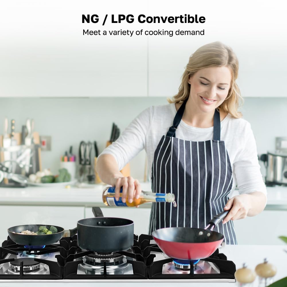ThermoMate Light 30 Inch Gas Cooktop, Built In Gas Rangetop with 5 High Efficiency Burners, NG/LPG Convertible Stainless Steel Gas Stove Top with Thermocouple Protection, 120V AC
