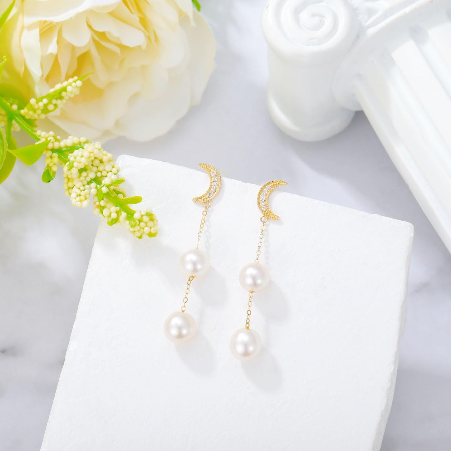 14K Gold Diamond Moon Pearl Earring and Leveas Pearl Necklace Set for Women, Fine Jewelry for Her