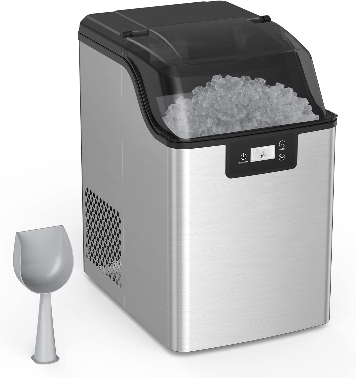 Garvee Compact Countertop Ice Maker, 44 LBS/Day Nugget Ice Maker Machine, Stainless Steel Pebble Ice Cube Maker with Self-Cleaning, 24H Timer, Ice Basket and Ice Scoop for Home, RV, Office