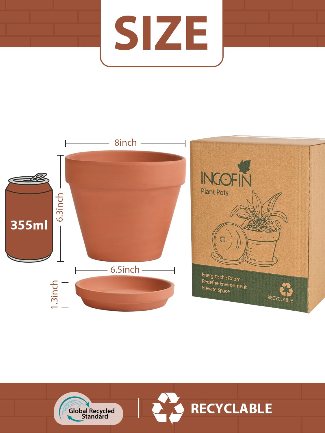 INGOFIN Terracotta Pots Set with Saucer - 2-Pack Ceramic Clay Planters with Drainage Hole, Garden Flower Succulent Pots with Tray for Indoor Outdoor Plants, 8 inch, Set of 2