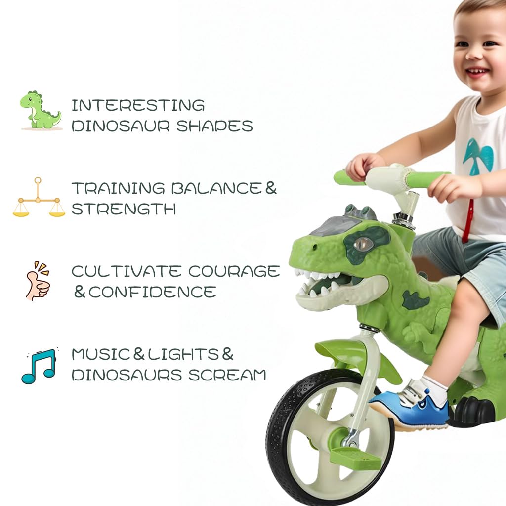 Dinosaur Kids Tricycle for Rider, Toddlers 2-6 Years - Trike Bike with Music, LED Lights, Storage Basket & Rubber Wheels | Indoor/Outdoor Big Wheels Bike Gift for Boys & Girls