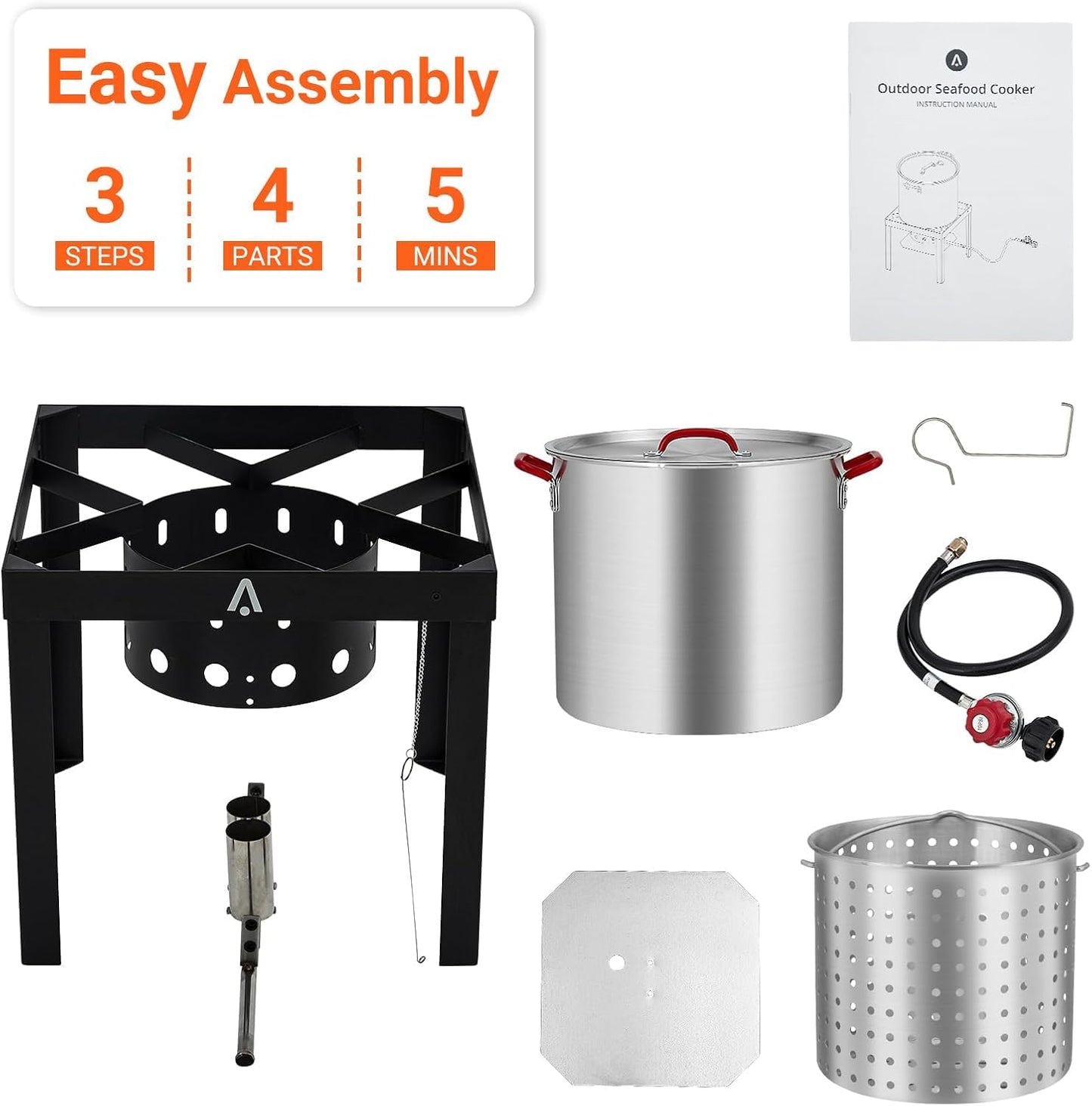 60-Quart Aluminum Seafood Boil Pot Kit with Steam/Boil Basket & Strainer, 110,000 BTU Propane Jet Burner & Lifting Hook, 10 PSI Regulator, Outdoor Crawfish, Shrimp, Crab Boiler and Fryer Combo