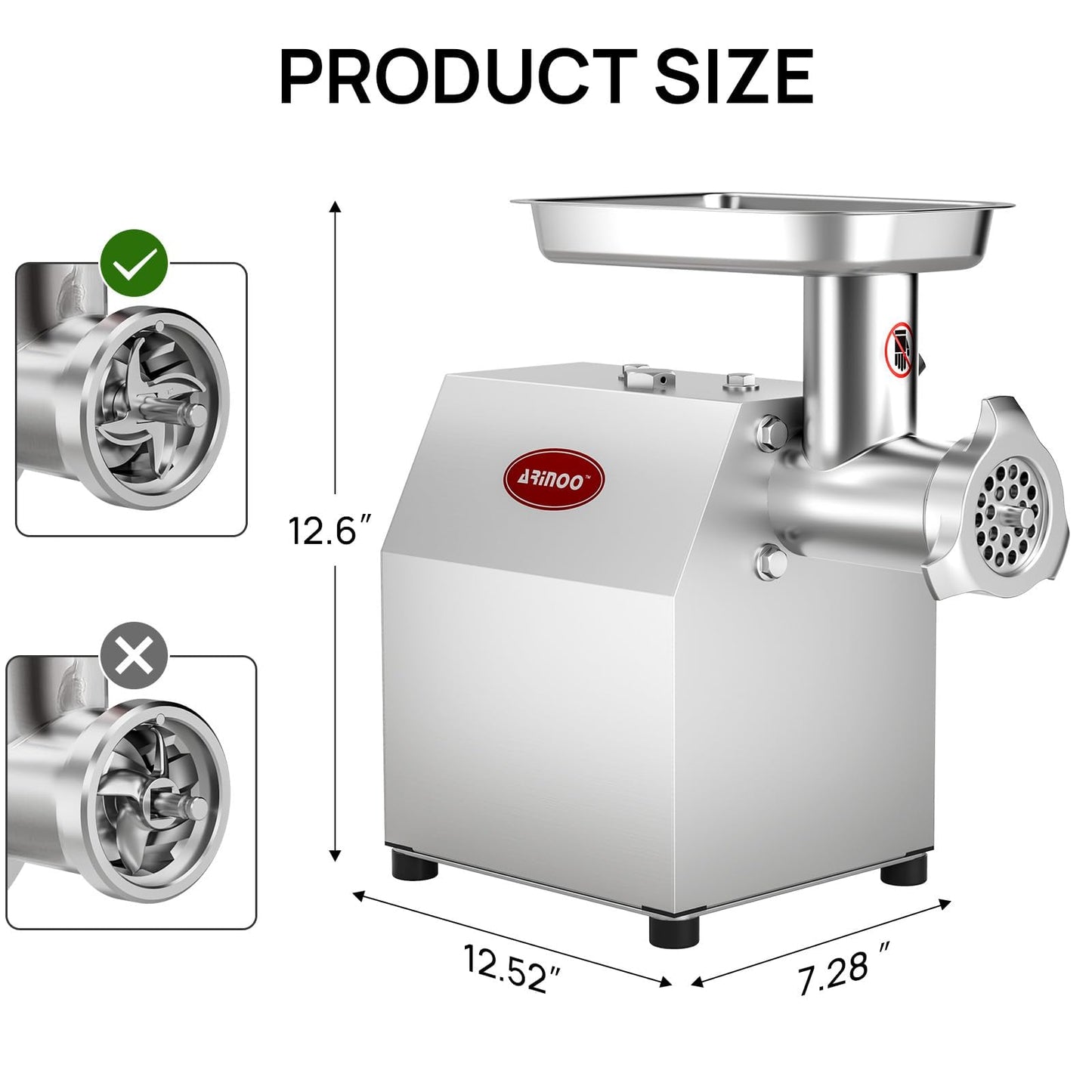 ARINOO Electric Meat Grinder #8, 0.5HP Heavy Duty Industrial Stainless Steel Meat Mincer, Sausage Stuffer with 2 Blades, 2 Plates & 3 Sausage Tubes, Meat Grinder Machine for Home Use Butchering