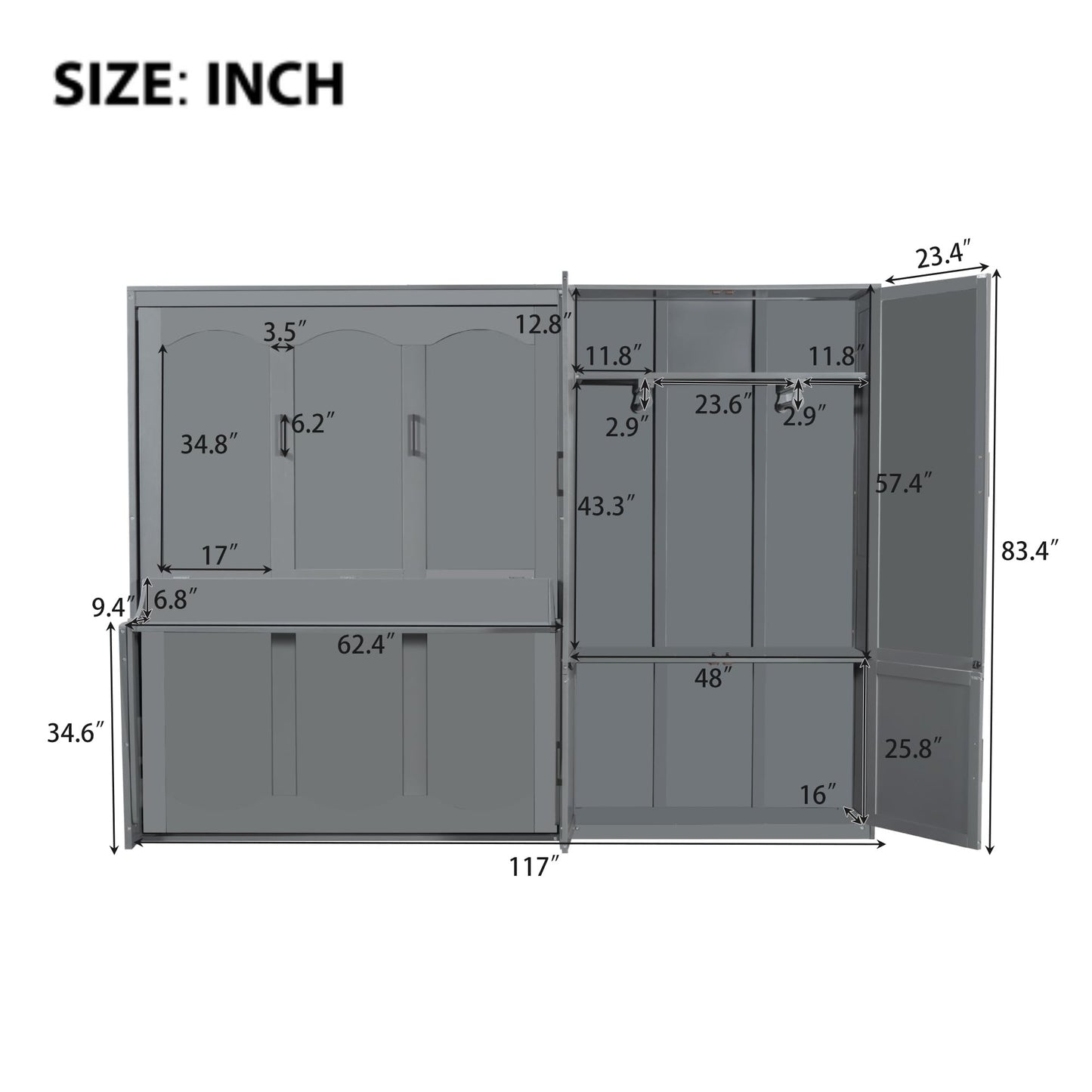 Merax Queen Size Murphy Bed Wall Bed with Closet and Wardrobe Storage for Bedroom,Gray