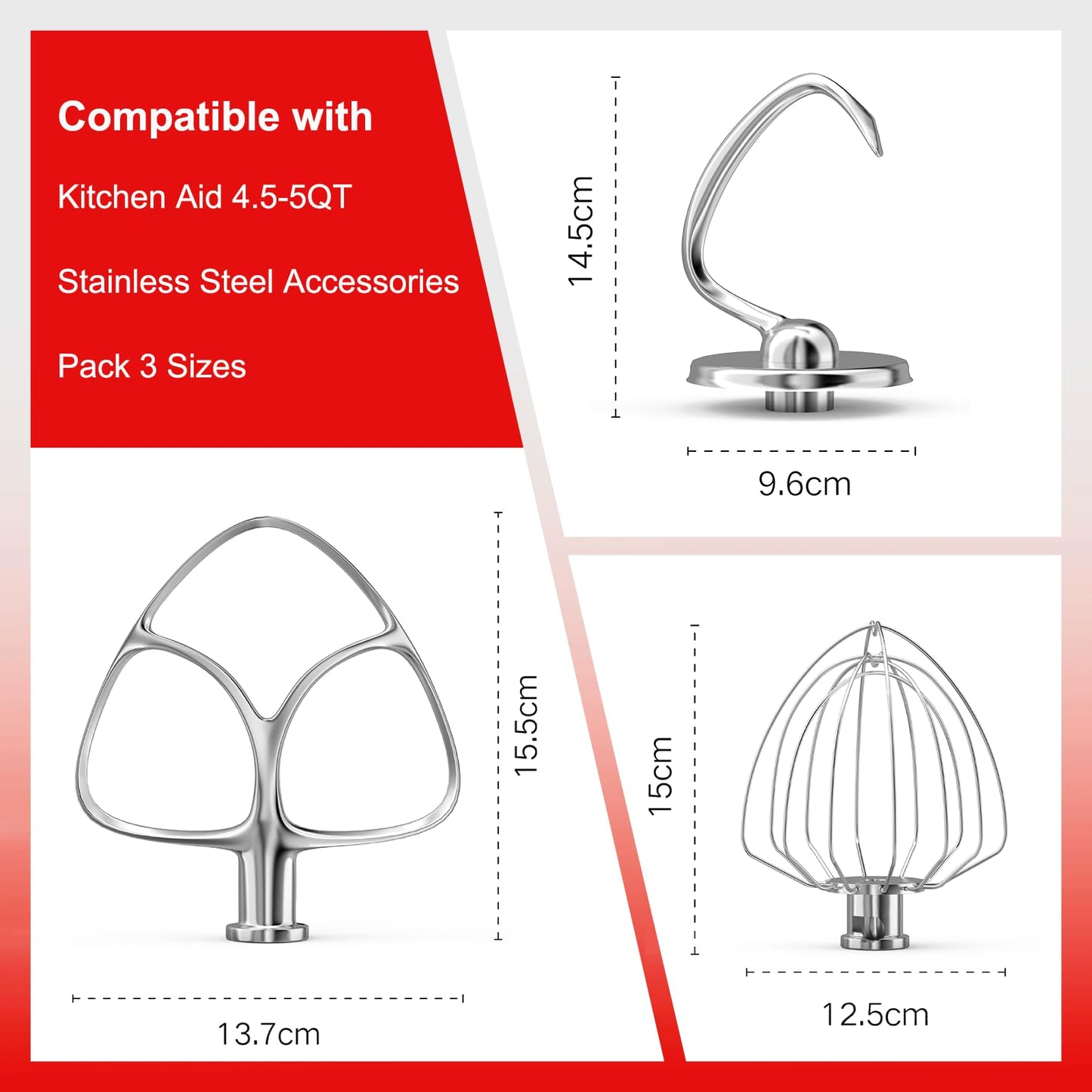 Stainless Steel Kitchen Mixers Accessories Compatible with KitchenAid Mixer and 4.5-5 Qt Bowl. K45WW 6-Wire Whip, 4.5-5QT Flat Beater Paddle, 4.5-5QT Dough Hook Attachment Dishwasher safe