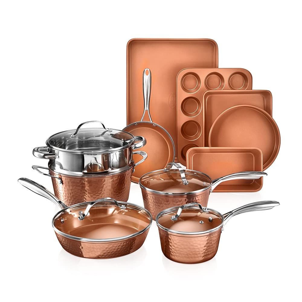 Gotham Steel Hammered 15 Pc Ceramic Cookware Set Nonstick, Induction Pots and Pans Set Non Stick with Bakeware Set & Steamer for Cooking, Non Toxic PFOA PFOS Free, Oven & Dishwasher Safe - Copper