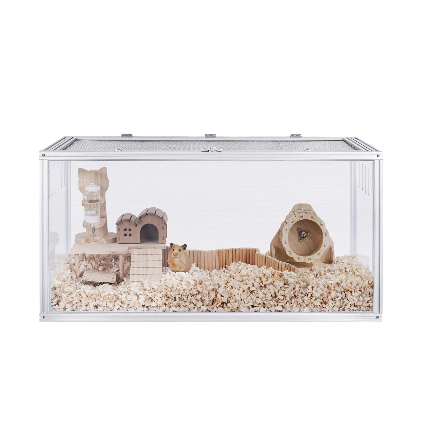 Jiwinner Large Hamster Cage, 32 x 16 x 16 in Chew-Proof Metal Frame, Clear Acrylic with Vent Holes, Hinged Top with Stainless-Steel Mesh — Hamster Enclosure
