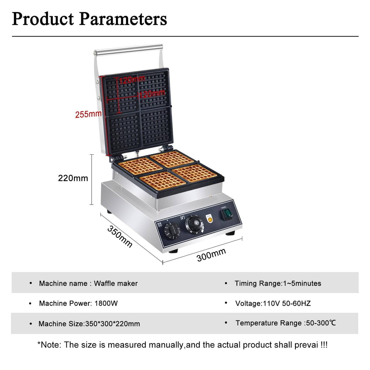 110V Commercial Square Waffle Maker ，4pcs Nonstick Electric Waffle Maker 1800W Electric Stainless Steel Belgian Waffle Machine with Temperature&Time Control for Snack Bar Home Bakeries