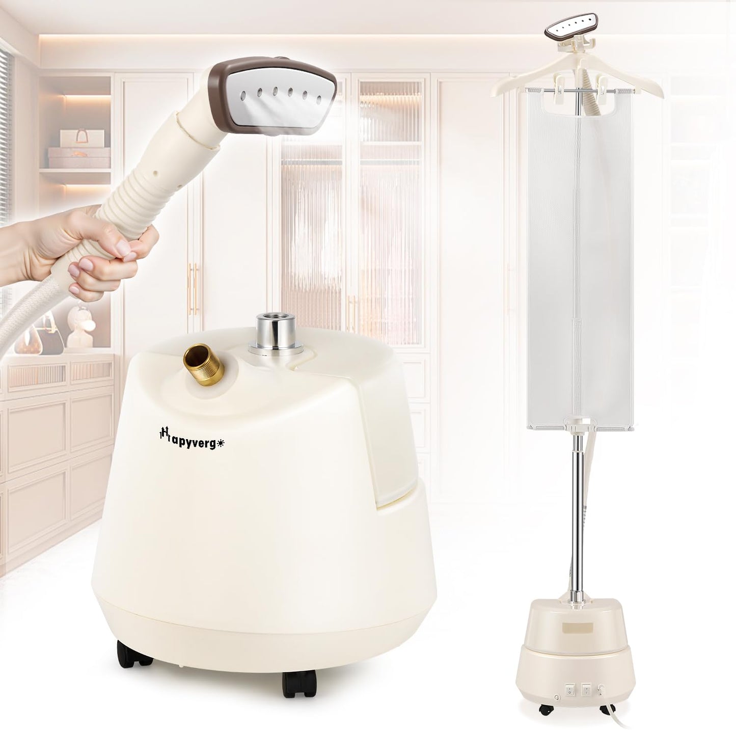 Hapyvergo Standing Garment Steamer with Ironing Pad, 2200W Steamer for Clothes, 3L Tank, 70-Min Continuous Steam, 40s Fast Heating, Adjustable Height, Drain Port Design, Universal Wheels, White