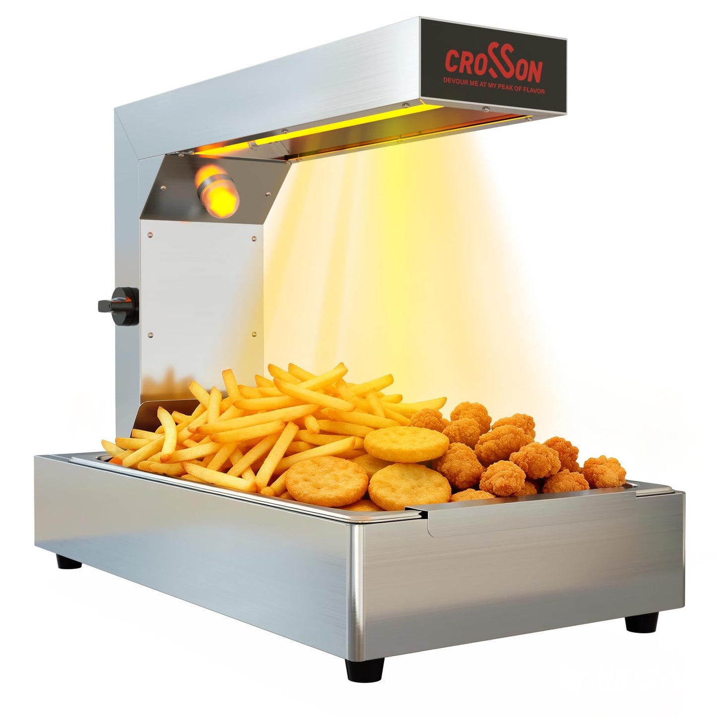 CROSSON French Fry Food Warmer, Commercial French Fry Heat Lamp Electric Stainless Steel Fries Dump Station Countertop 5-Level Adjustable Heating Duration for Food Truck Restaurant Parties 600W