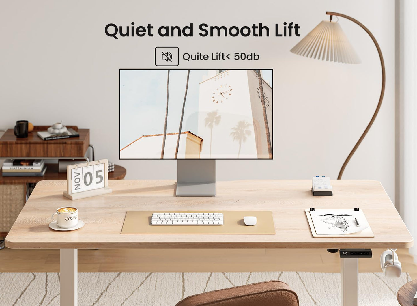 BANTI 55 × 28 Inches Standing Desk, Ergonomic, Electric Height Adjustable, Sit and Stand Up, Computer Desk with a Deeper Desktop, White Frame/Maple Top