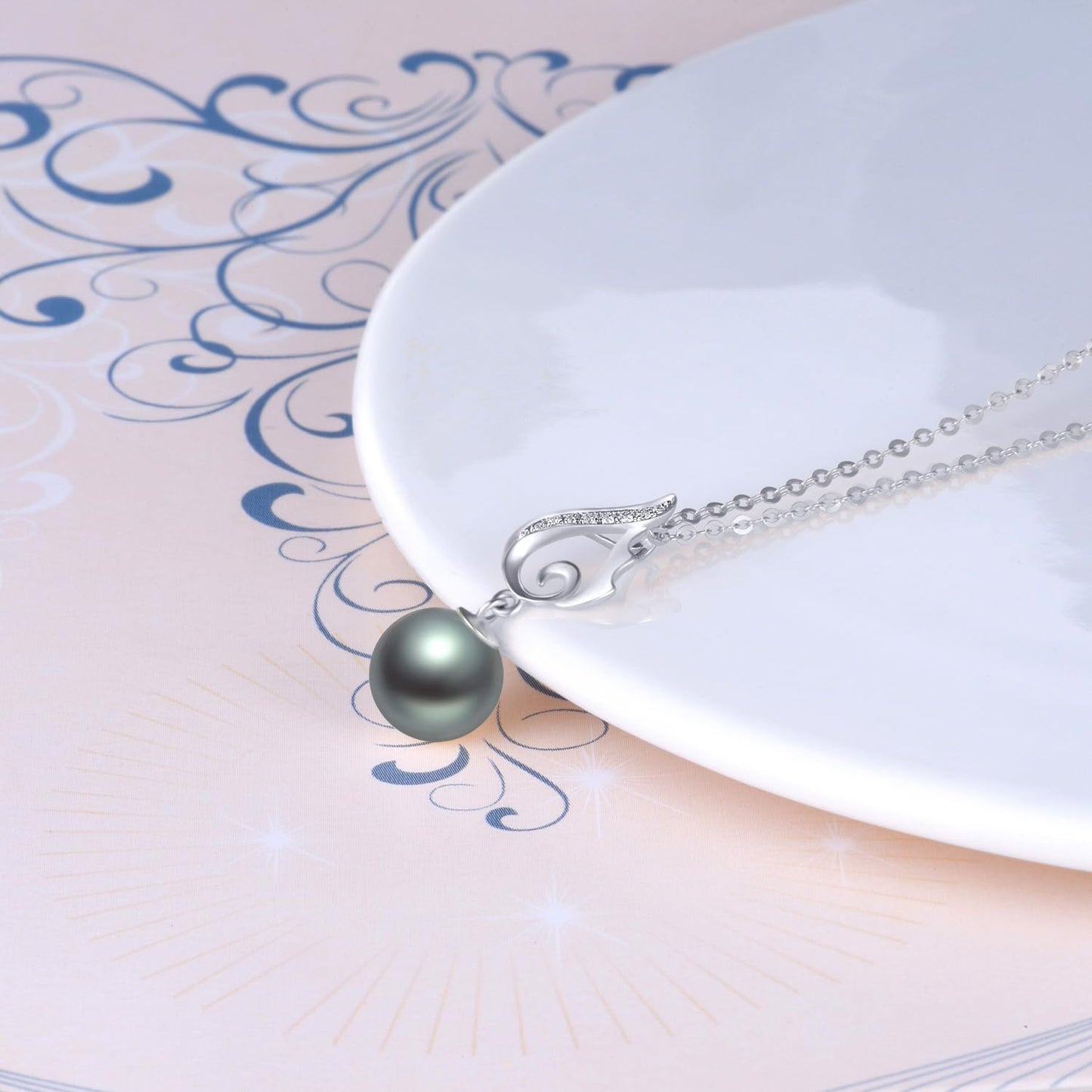 14k White Gold Diamond and Dyed Black pearl Necklace + 18k Earrings Set