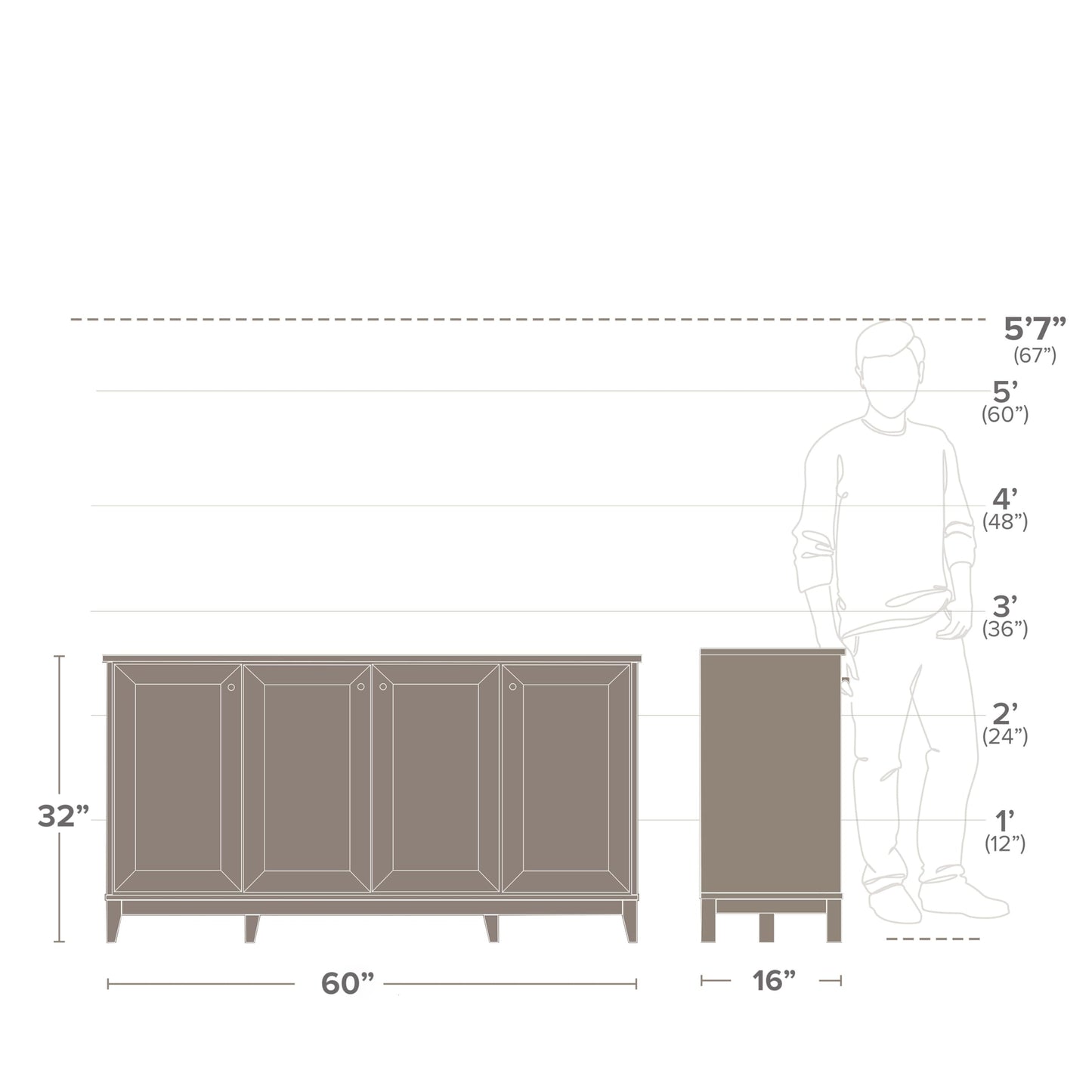 Prepac Yaletown 4 Panel Door Console Table with Storage, Oak Storage Cabinet with Doors and Shelves, Sideboard Storage Cabinet 60" W x 32" H x 16" D, OCBG-2220-1