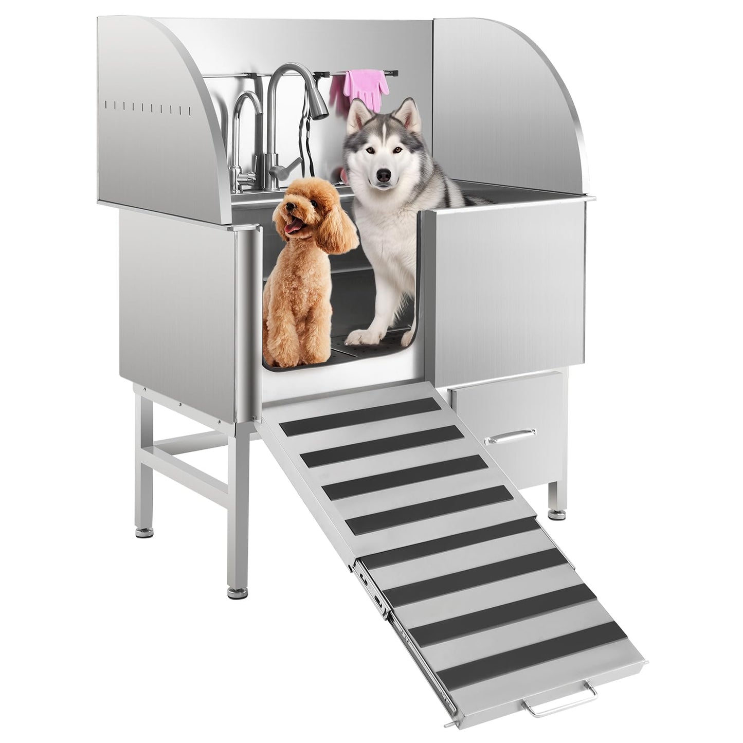 Dog Washing Station, 50 Inch Professional Stainless Steel Dog Bathing Station, Dog Grooming Tub for Large, Medium & Small Dogs, Dog Bathtub with Ramp, Drawer, Floor Grate & Fauct（Left Ramp, 50"）
