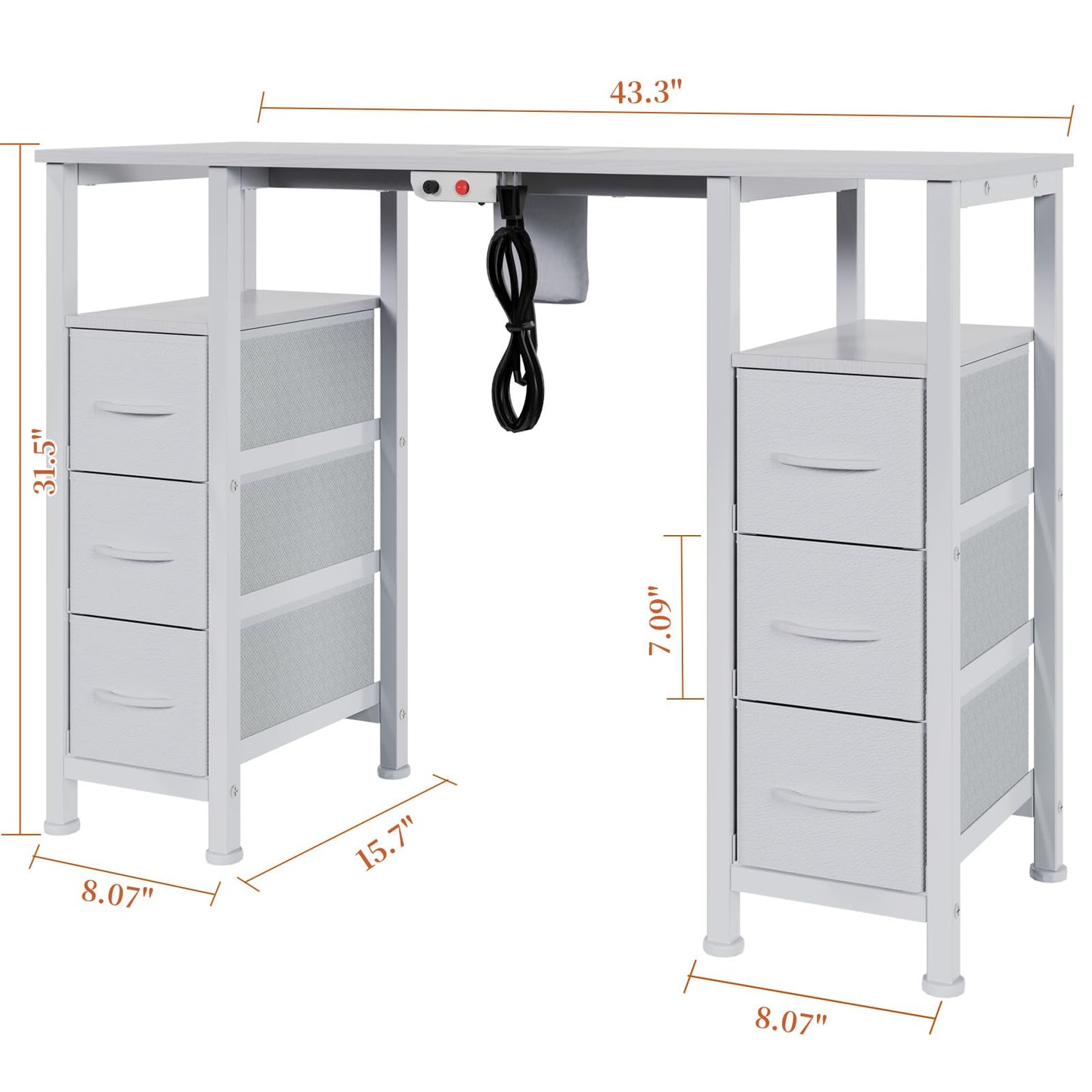 WODRAWER Manicure Table Nail Desk for Nail Tech, Nail Beauty Table w/Electric Dust Collector & 6 Storage Drawers & Open Shelves for Home, Workshop, Makeup Beauty Salon Workstation (White)