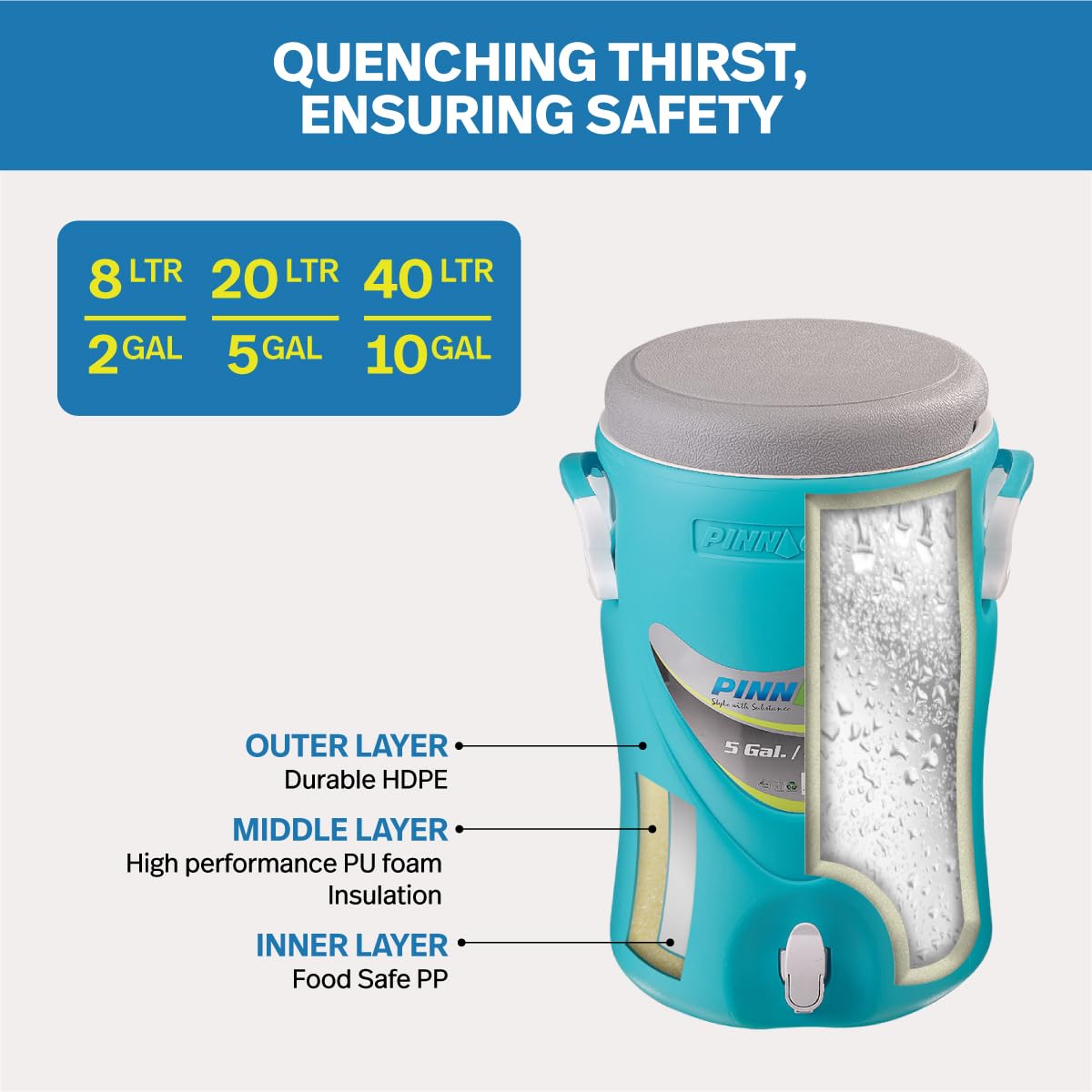 10-Gallon 5-Gallon Water Jug and 2-Gallon Gallon Water Bottle Set – Insulated Beverage Cooler Dispenser with Pull Tap Spout – Leakproof and Portable Sports Jug – for Camping, Outdoor, Party, Sports