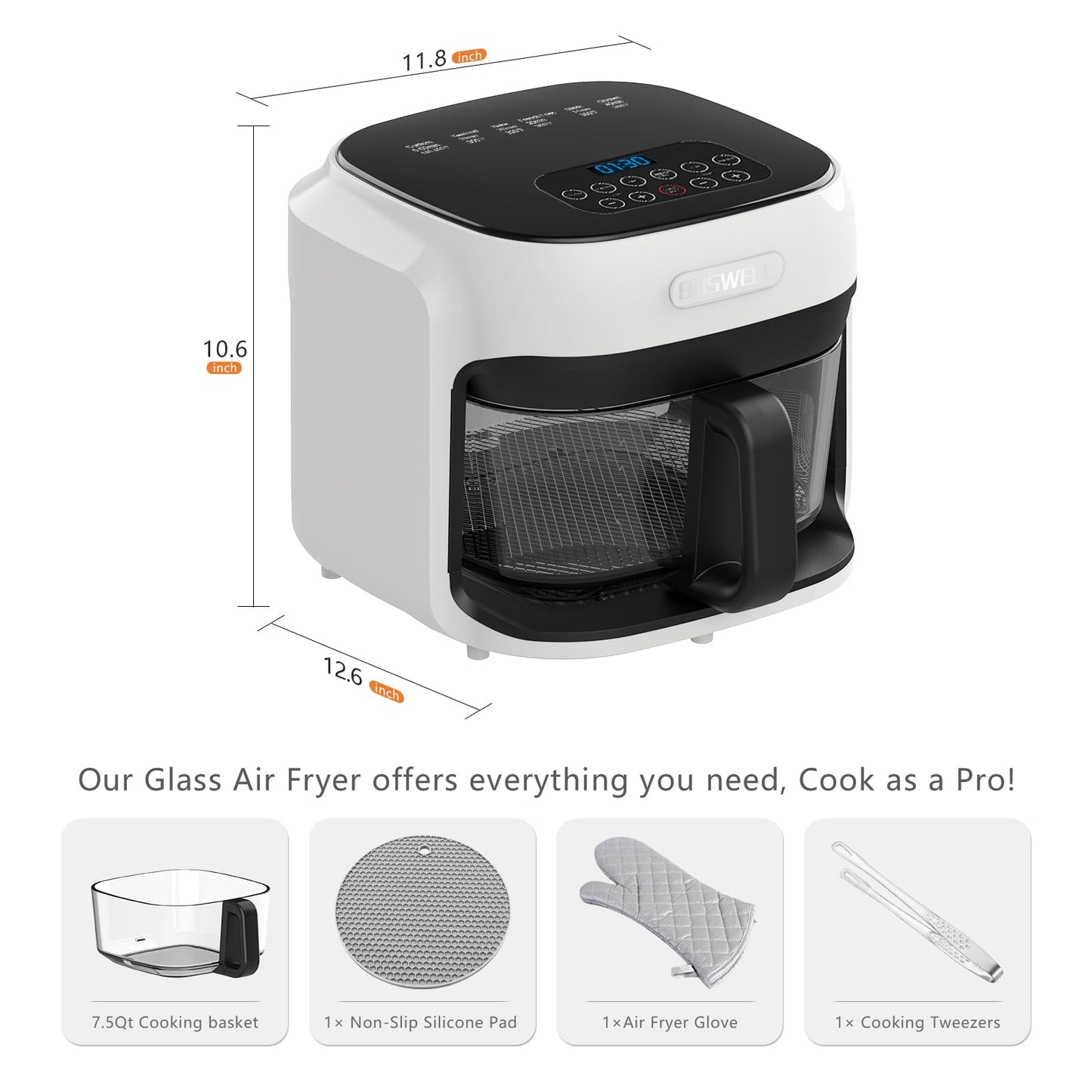 BOSWELL Glass Air Fryer, 7.5QT with Transparent Fry Bowl, Circulating Heating, Temperature Control, Air Fryer Roast, Dishwasher Safe (white)