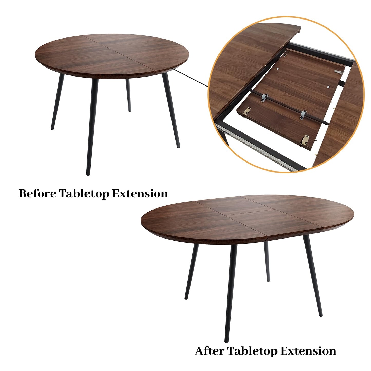 HIPIHOM 43.3"-59.1" Extendable Round Dining Table Set for 6, Mid Century Modern Wooden Round Table, Leisure Coffee Table,w/ 6 PU Leather Chairs