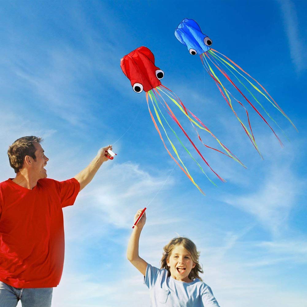 Winterworm Set of 4 Large 157.5" High Cartoon Big Round Eyes Octopus Kites with Colorful Ribbon and Kite Board with 98.4 Foot String for Kids Toy Enjoy Parent-Child Time Beach Park Outdoor