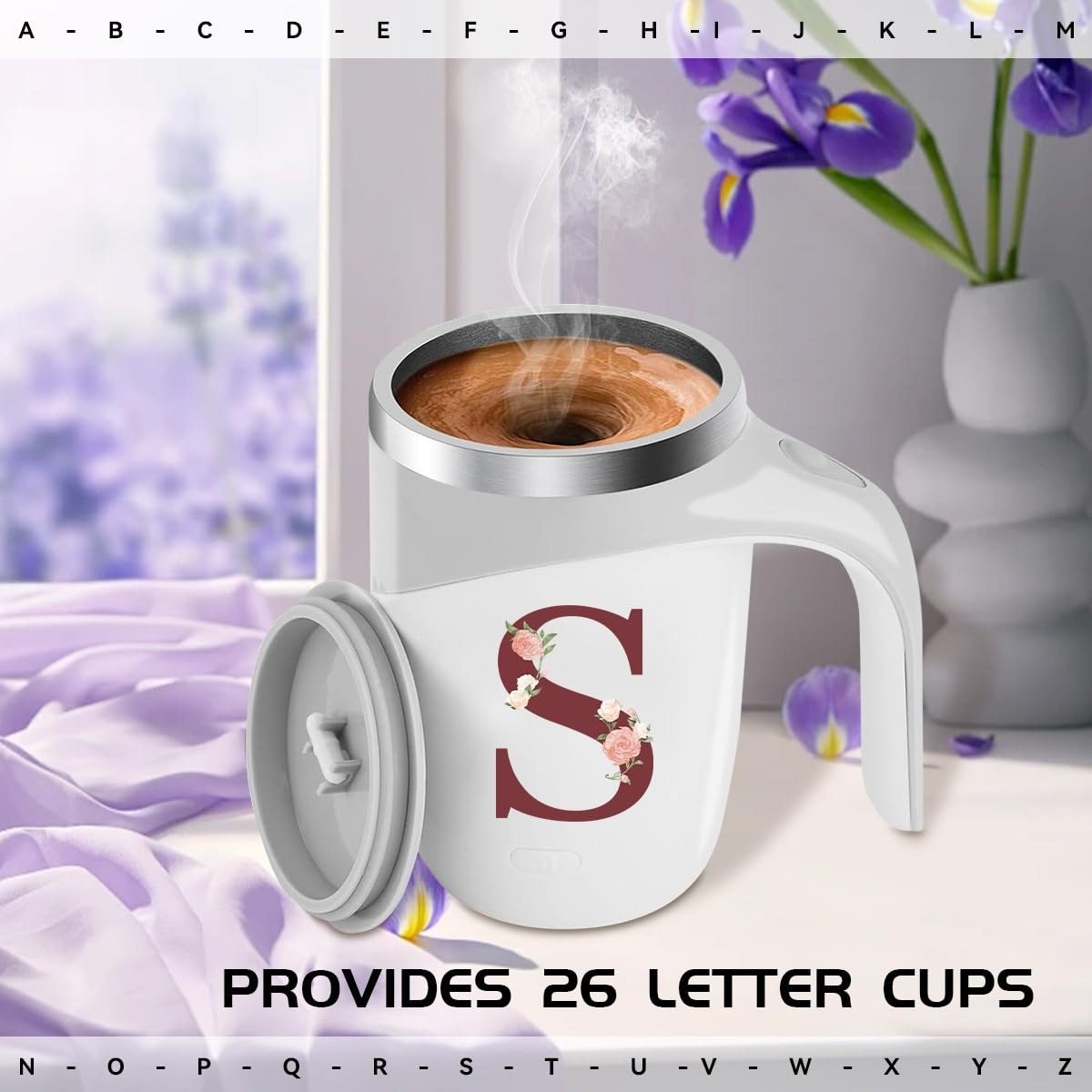 Self Stirring Coffee Mug, Personalized Initial Magnetic Stirring Mug, Stainless Steel Insulated Travel Cup Cool Women Birthday Christmas Unique Gift Husband Wife Mother Grandma Girlfriend Ideal