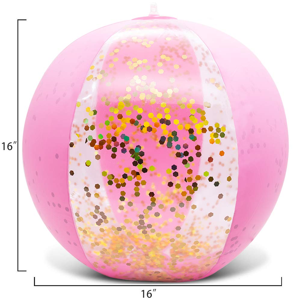 AMOR PRESENT Beach Ball, 16" Glitter Inflatable Beach Balls for Kids & Toddlers Pool Game, Summer Party Favors