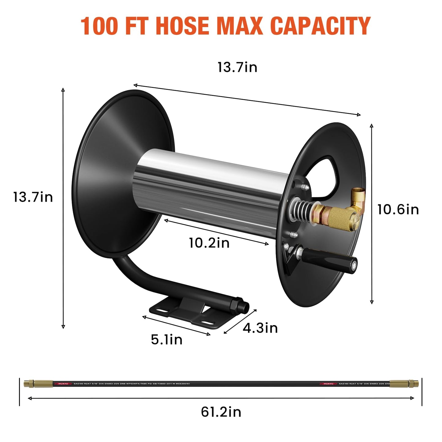 BreAro Pressure Washer Hose Reel, 100FT High Pressure Hose Reel with Hand Crank, 3/8" Heavy Duty Steel Pressure Washer Reel, 4000 PSI Power Washer Hose Reel Swivel Arm for Air/Liquid/Water Use
