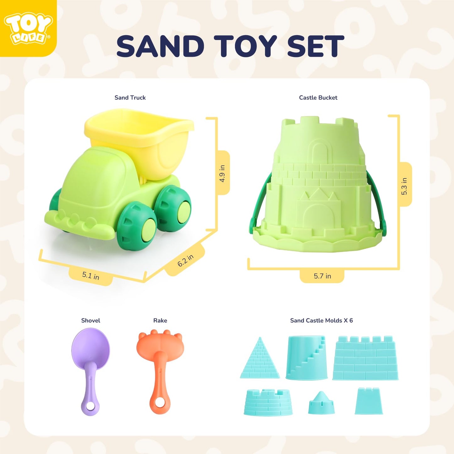 TOY Life Beach Toys for Toddlers Age 3-5, Sandbox Toy Building Sets with Sand Bucket Dump Truck and Waterproof Mesh Bag, Travel Sand Castle Toys for Kids