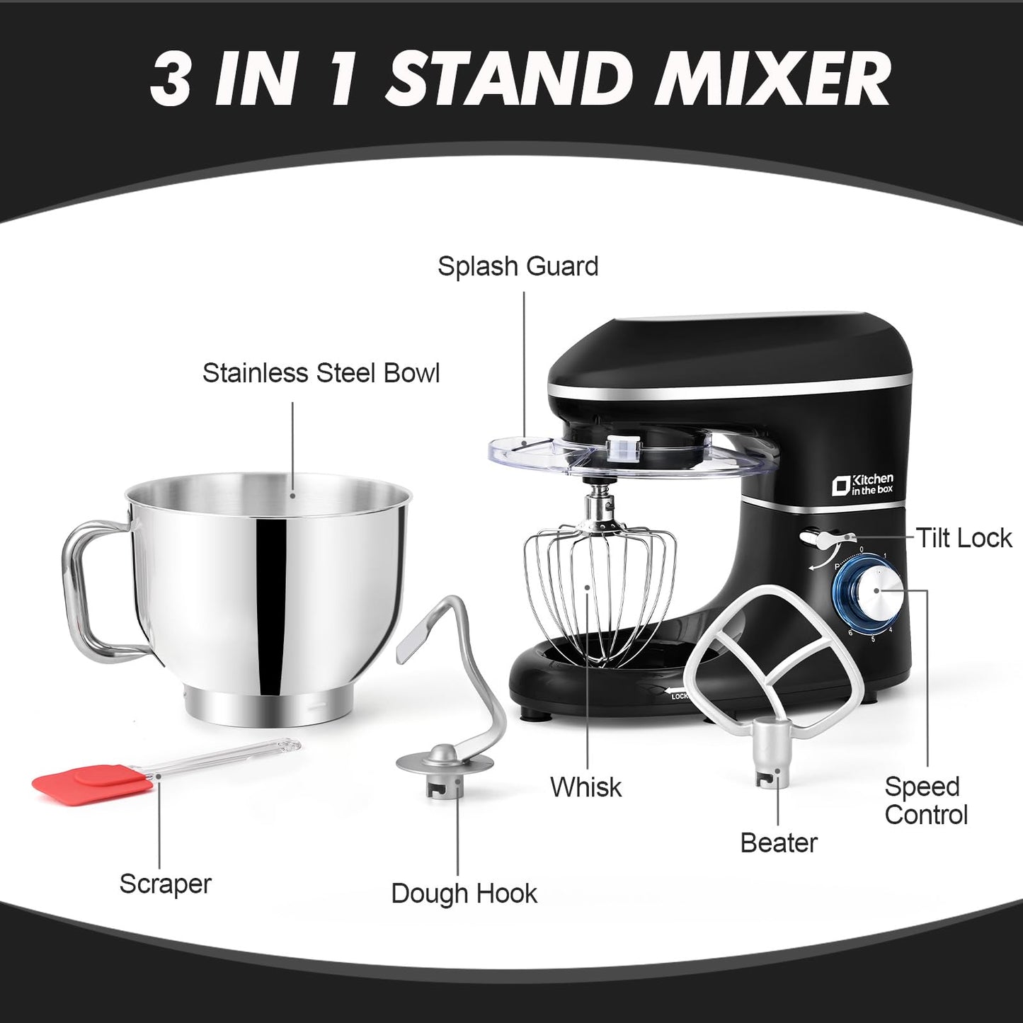 Kitchen in the box Stand Mixer, 6.5QT 660W Electric Kitchen Mixer, 6-Speed Tilt-Head Food Mixer with Dough Hook, Wire Whip, Beater, Dishwasher Safe (Black)