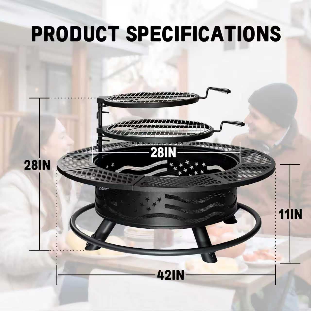 Panovue 42 Inch Fire Pit with 2 Cooking Grates, Outdoor Wood Burning BBQ Grill Firepit Bowl with Cover Lid, Steel Round Table for Backyard Bonfire Patio Picnic (Black, 42)