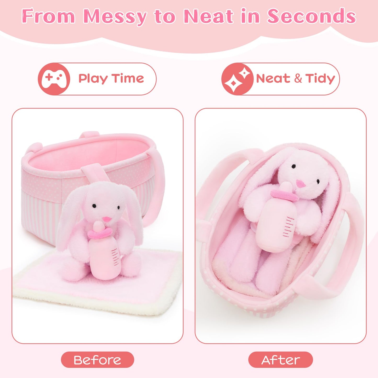 MaoGoLan 5pcs Baby Bunny Doll Set Bunny Plush Toys for Girls Kids, Pink Bunny Stuffed Animal with Doll Accessories (Bassinet/Diaper/Bottle/Blanket), Pretend Play Toys, Gift for Little Girls